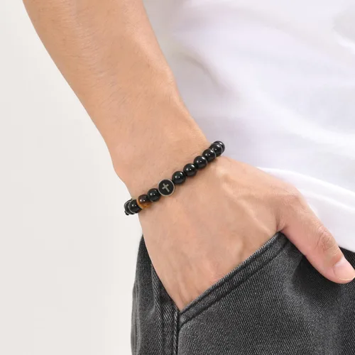 Vista 3 de JAYUMO Pulsera de cuentas ajustable con cuentas de ojo de tigre de piedra natural para hombre y mujer