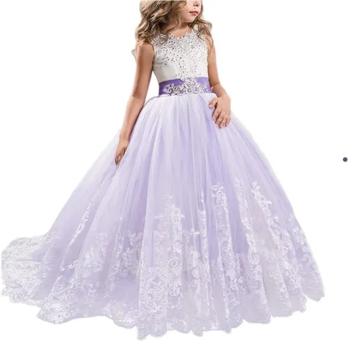 Vista 9 de NNJXD - Vestido largo de princesa lila para niñas, con tul, ideal para bailes de graduación 406 Blanco