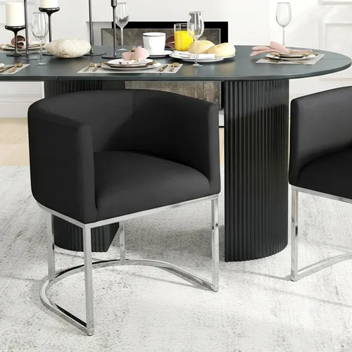 Vista 20 de HNY Silla de comedor moderna de mediados de siglo tapizada en forma de barril, negra, con brazos, silla de cocina y comedor de cuero, silla auxiliar