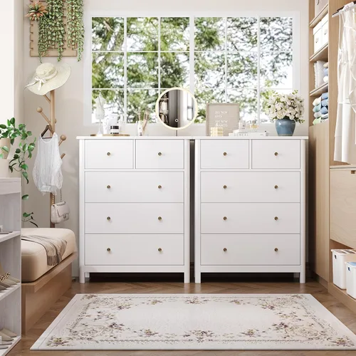 Vista 4 de HOUSUIT Cómoda blanca con 5 cajones, cómoda alta, cómoda de 5 cajones con espacio profundo, armario de almacenamiento de madera para sala de estar