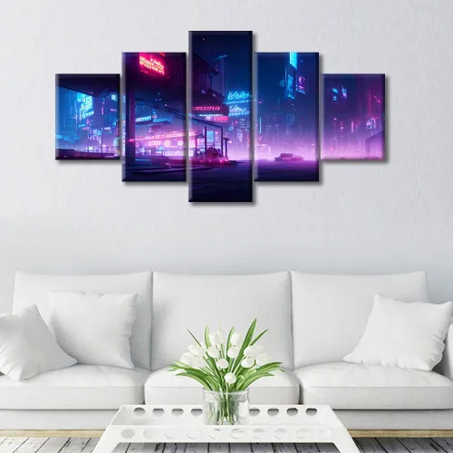 Vista 11 de Cuadros de 5 paneles de Cyberpunk City, arte de pared, representación de vallas publicitarias, edificios modernos en la capital con obras de arte