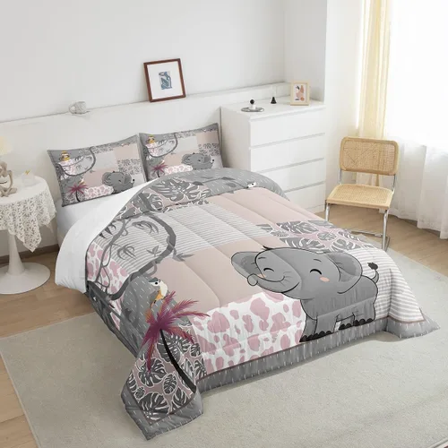 Vista 5 de Lindo Juego de Edredón de Elefante Juego de Ropa de Cama de Animales de Dibujos Animados para Niños Niñas Mujeres Adultos Edredón de Hojas