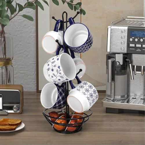 Vista 6 de Schliersee Juego de 6 tazas de café de cerámica apilables de 12 oz, taza pequeña con patrón geométrico floral, taza de café de porcelana azul