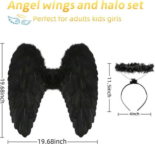 Vista 5 de Alas de ángel y halo para adultos, disfraz de alas de ángel de plumas para mujeres, niños y niñas, cosplay de Halloween