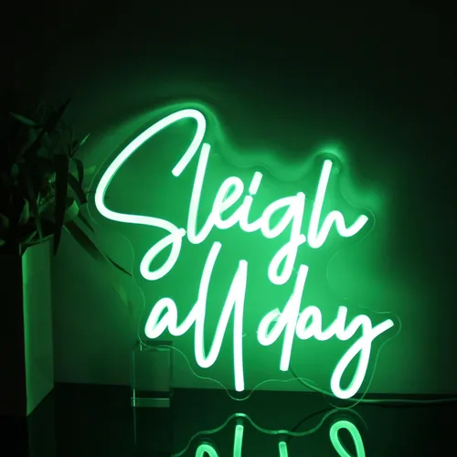 Vista 2 de Sleigh All Day - Letrero de luces de neón de Navidad, letras verdes, luces de neón LED para pared, palabras de Navidad, letrero luminoso de neón