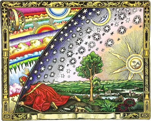 Vista 9 de Camille Flammarion 1889 - Cúpula de firmamento – Mapa plano de la Tierra por Camille Flammarion – Meteorología Cosmología Astronomía Estrellas Luna