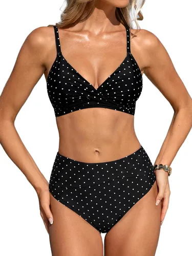 Vista 27 de CUPSHE Conjunto de bikini de dos piezas con cuello en V y cintura alta para Negro/Verde