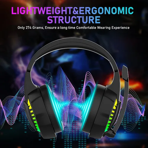 Vista 3 de Auriculares con cable para juegos con retroiluminación RGB arco iris, micrófono retráctil con aislamiento de ruido, sonido estéreo, graves