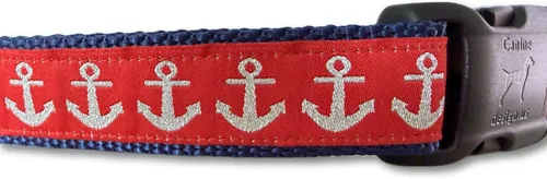 Vista 5 de Collar de perro mediano de 13-19 pulgadas ancla náutica azul rojo collar ajustable hecho a mano USA