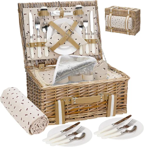 Vista 11 de Willow - Juego de cestas de picnic para 2 personas con bolsa térmica grande aislada y manta de picnic impermeable, cesta de picnic de mimbre