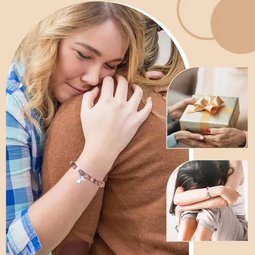 Vista 5 de Quelay Juego de 12 pulseras de ángel con tarjeta de felicitación y bolsa de organza, pulseras inspiradoras de piedra natural rosa inspiradora