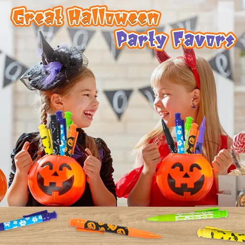 Vista 6 de Shemira Recuerdos de fiesta de Halloween para niños, 24 bolígrafos jumbo en 6 diseños temáticos surtidos de Halloween para truco o trato, relleno