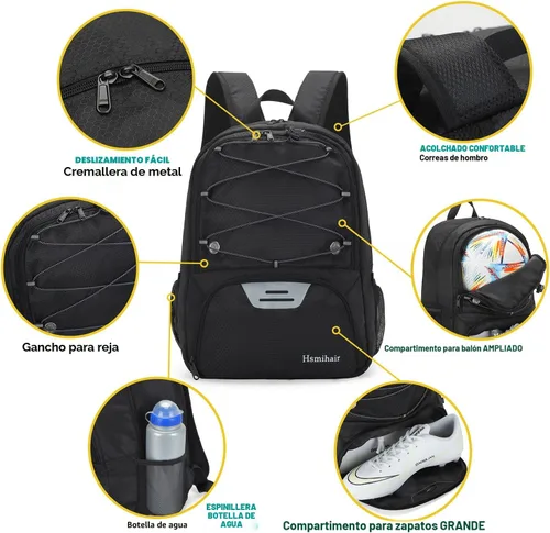 Vista 3 de Hsmihair - Mochila de fútbol juvenil - Mochila para fútbol y baloncesto, con compartimento para pelota y tacos separados