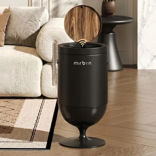 Vista 10 de MRBIN Bote de basura de metal con tapa, cesta de basura decorativa mediana de 5.3 galones / 20 litros, basura redonda alta con patas altas para Negro