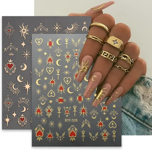 Vista 3 de 8 hojas de calcomanías doradas para arte de uñas, sol, estrella, luna bronceadora, calcomanías de uñas autoadhesivas 3D, calcomanías de uñas