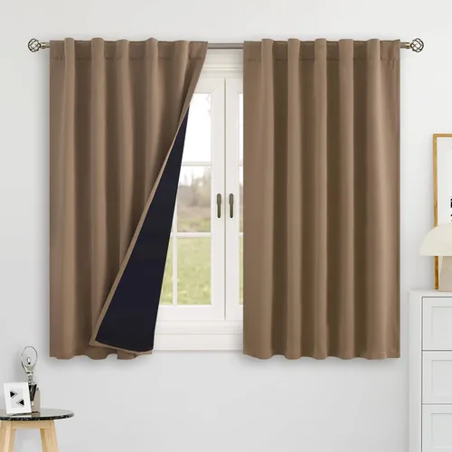 Vista 65 de BGment Cortinas 100% opacas beige de 63 pulgadas de largo con forro aislante térmico, bolsillo para varilla y lengüeta trasera de doble capa