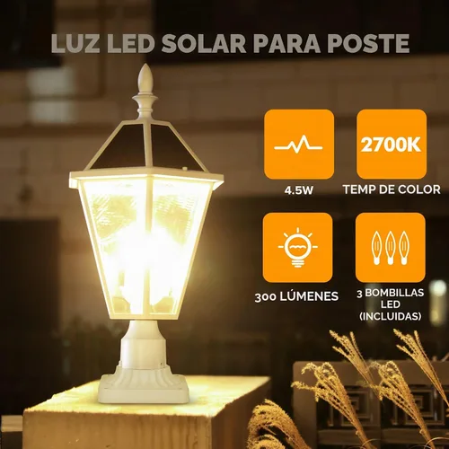 Vista 7 de LUTEC Luz de poste LED solar al aire libre, luces de calle vintage del atardecer al amanecer, 300 lm, 2700 K, luces de poste solar de aluminio Blanco