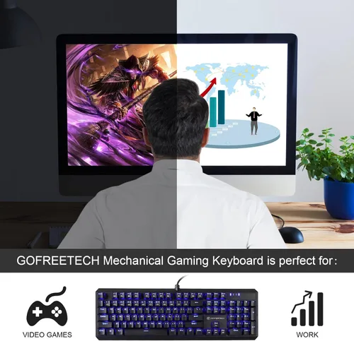 Vista 9 de GOFREETECH - Teclado mecánico de PC con cable RGB retroiluminado azul LED resistente a derrames sensación mecánica ergonómica de 104 teclas