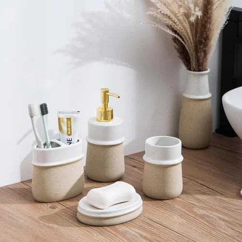 Vista 4 de Dispensador de jabón de cerámica beige para cocina, bomba dispensadora de manos recargable, dispensador de loción de 12 onzas para baño para jabón