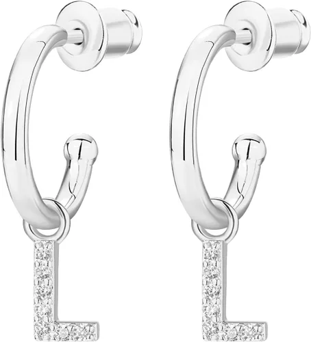 Vista 3 de PAVOI Aretes de plata de ley 925 chapados en oro de 14 quilates con inicial colgante, aretes de aro con inicial de circonita cúbica para mujer