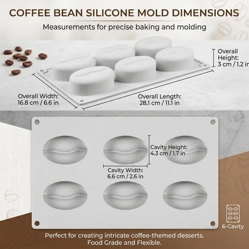Vista 3 de Coffee Bean Mold 6-Cavity Silicone Baking Mold with Lip Design for Chocolate, Gummy Candy, Ice Cubes, Creative Kitchen Tool..