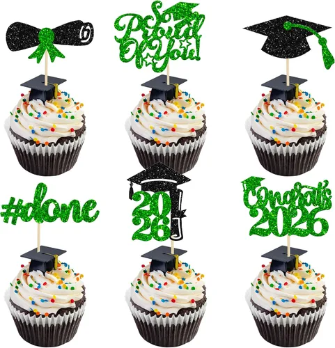 Vista 9 de Gyufise 24 piezas Adornos para pastel de graduación 2026 con purpurina negra, clase de 2026, adornos para magdalenas con gorra de graduación