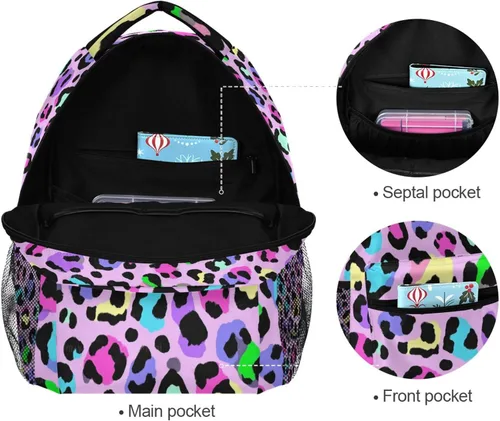 Vista 7 de Kcldeci Mochila escolar para niños pequeños, diseño de leopardo, leopardo, arcoíris, para niños, niñas, mochila escolar para libros de primaria A01