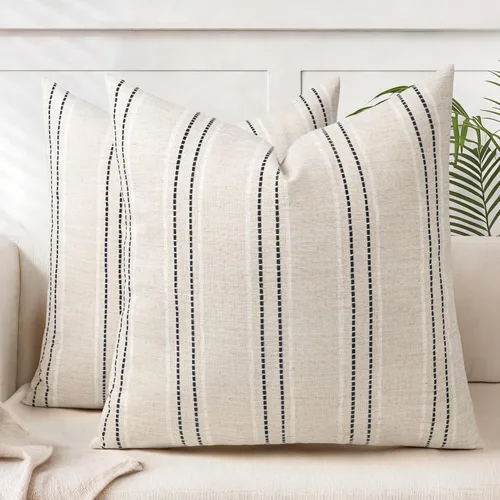 Vista 29 de AELS Fundas de Almohada Decorativas de Lino Estilo Granja de 16x16, Funda de Almohada con Textura Boho, Juego de 2, Beige con Rayas de Hilo Teñido