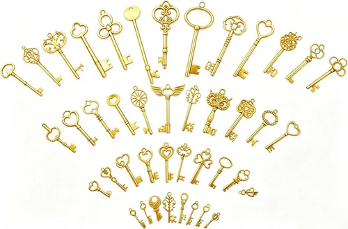 Vista 2 de 42 piezas de llaves de esqueleto vintage mixtas, llave de 42 estilos, cada 1 pieza Oro antiguo