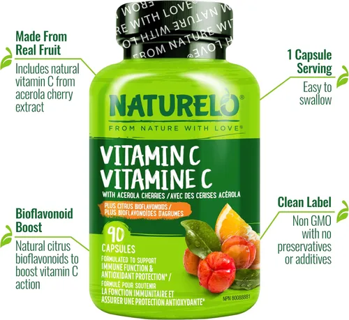 Vista 3 de NATURELO Vitamina C con Extracto Orgánico de Cereza Acerola y Bioflavonoides Cítricos - Suplemento Vegano - Apoyo Inmunológico - 500 mg VIT C por