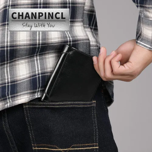 Vista 3 de Billetera de piel triple con bloqueo RFID para hombre con 2 ventanas de identificación, 2 compartimentos para efectivo, 6-8 ranuras para tarjetas