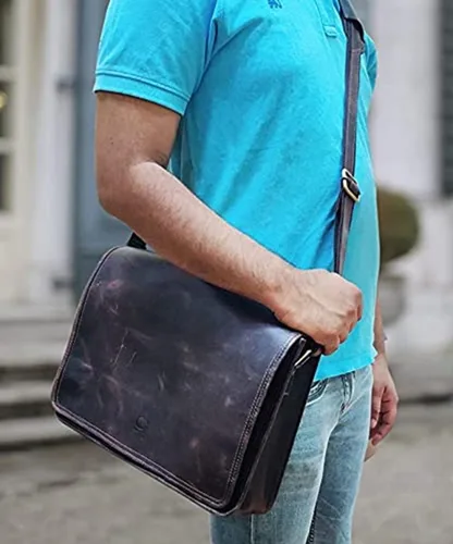 Vista 6 de 15 "bolso de mensajero de cuero de búfalo para computadora portátil, maletín de oficina, regalo para hombres, bolsa de hombro desgastada, Marrón