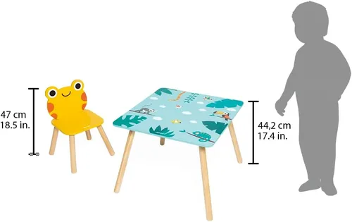 Vista 3 de Janod - Mesa Tropik de Madera y 2 Sillas - Mueble Infantil - Mesa: 21,65 x 21,65" - 1 Silla Jaguar y Rana - Pinturas a Base de Agua - 3 Años + J08273