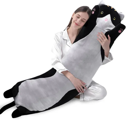 Vista 16 de shangman Bonita muñeca de gato de peluche, bonita almohada de peluche suave de caricaturas, almohada larga para dormir, regalo del día de San Negro