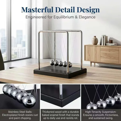 Vista 5 de Newtons Cradle - Bolas de equilibrio con base negra, adorno de escritorio para oficina en casa