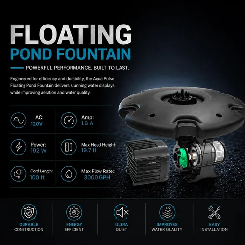 Vista 2 de Fuente flotante y aireador de 1/4 HP para estanques y lagos con cable de Luces que cambian