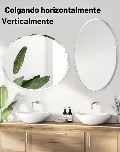 Vista 4 de Espejo de pared ovalado sin marco: Espejo decorativo elíptico de vidrio espejado para tocador con borde plateado biselado para baño, dormitorio