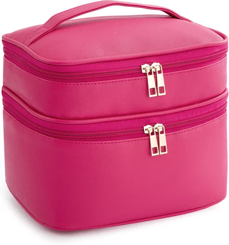 Vista 11 de HBlife Bolsa de maquillaje de viaje de doble capa, portátil, bonita bolsa de cosméticos de cuero, bolsa de maquillaje grande, estuche organizador
