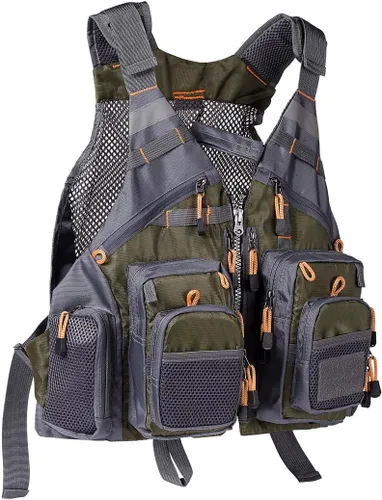 Vista 8 de Bassdash - Chaleco de pesca con mosca de múltiples bolsillos, tamaño ajustable, regalo para hombres y mujeres Marrón