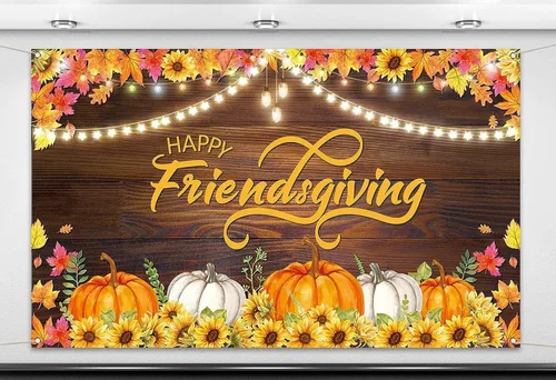 Vista 6 de Nepnuser Telón de fondo para cabina de fotos de Happy Friendsgiving de cosecha de otoño, decoración de fiesta de amigos, hojas de arce, girasol