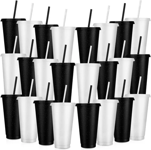 Vista 36 de Honeydak Paquete de 60 vasos con popote y tapa, vasos a granel para regalos, tazas de café de plástico con purpurina de 24 a 27 onzas, botella