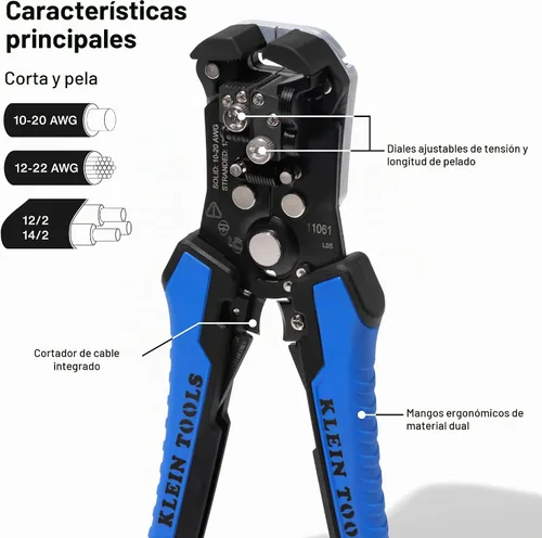 Vista 2 de Klein Tools 11061 Pelacador/cortador autoajustable, resistente, para 10-20 AWG sólido, 12-22 AWG trenzado y cable Romex 12/2 y 14/3