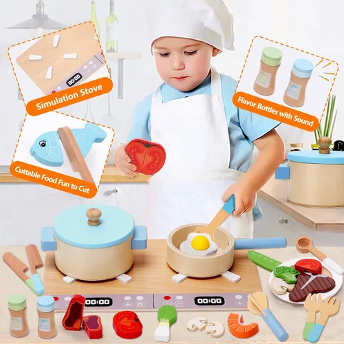 Vista 6 de Accesorios de cocina de juguete, juego de cocina de madera, juego de cocina de simulación para niños, incluye estufa, ollas y sartenes de cocina