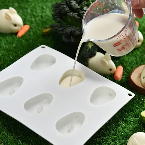 Vista 5 de Molde de silicona para pastel de conejo de 6 cavidades para mousse de chocolate, postre, jalea, pudín, helado, pastelería, pan, horno, herramientas