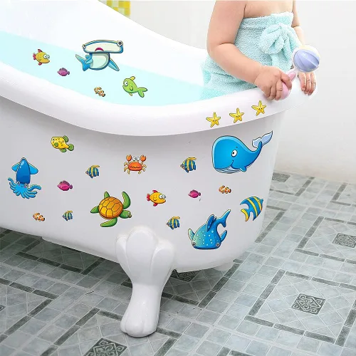 Vista 2 de TESWEY 24 calcomanías antideslizantes para bañera, diseño de vida marina de dibujos animados, de PVC, mate, para la habitación de los niños, baño