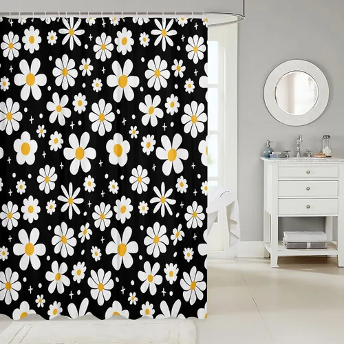 Vista 2 de Cortina de baño de flores de margarita para niños y niñas, cortina de ducha floral para decoración de baño, 72 x 72 pulgadas, retro, floral