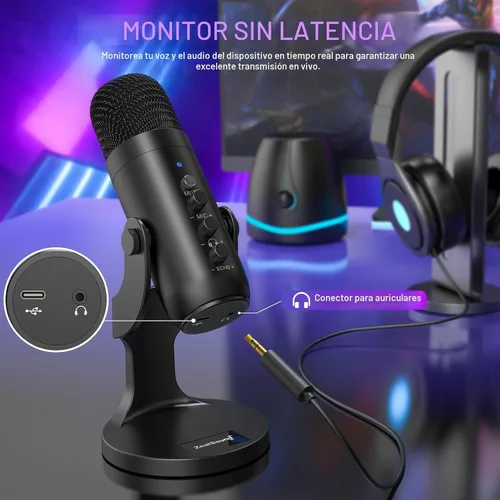 Vista 5 de ZealSound Micrófono de podcast para PC, micrófono USB con cancelación de ruido con ganancia, ajuste de volumen y botón de silencio, monitoreo y eco