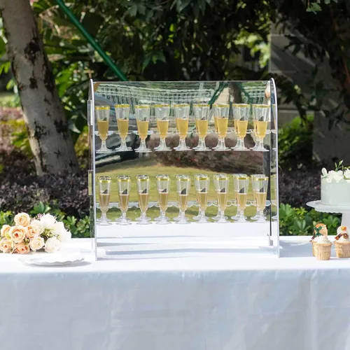 Vista 12 de Tableclothsfactory Estante para copas de vino de 2 niveles con acabado de espejo negro, soporte de espuma para 18 flautas de champán, 25 pulgadas