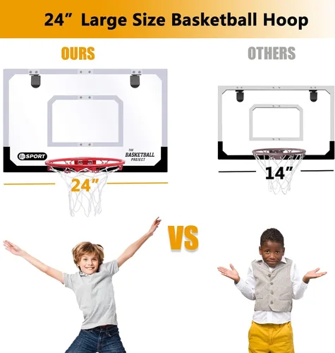 Vista 2 de Large Indoor Mini Basketball Hoop Set for Kids and Adult 24 X 16 Inch Board Family Games for Home and Office Door & Wall with 3 Balls and Complete