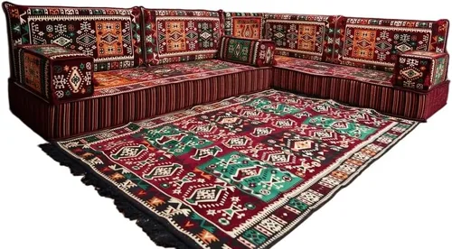 Vista 77 de arabicsofa Juego de asientos Jalsa en forma de L – Majlis árabe hecho a mano con almohadas de respaldo